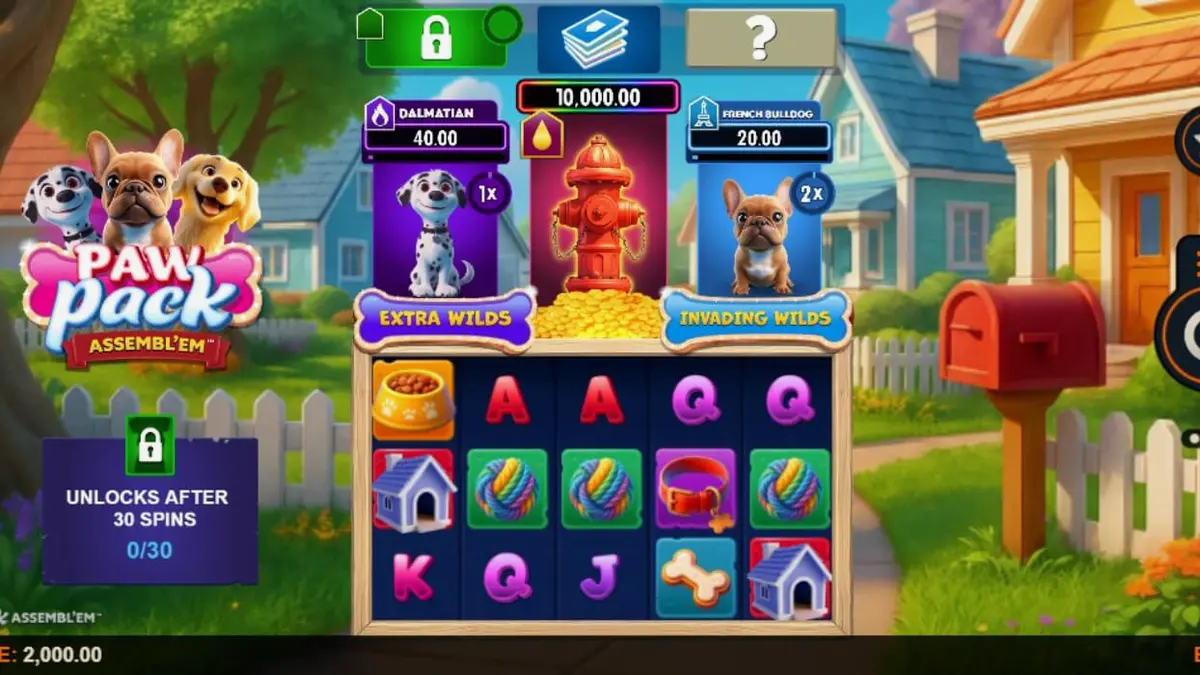Tampilan visual slot Paw Pack Assembl’Em dengan karakter anjing kartun