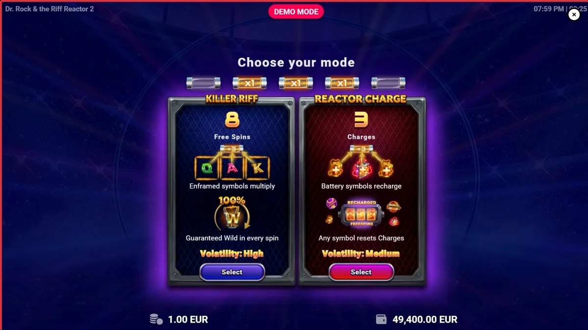 Dr. Rock & the Riff Reactor 2 slot machine interface