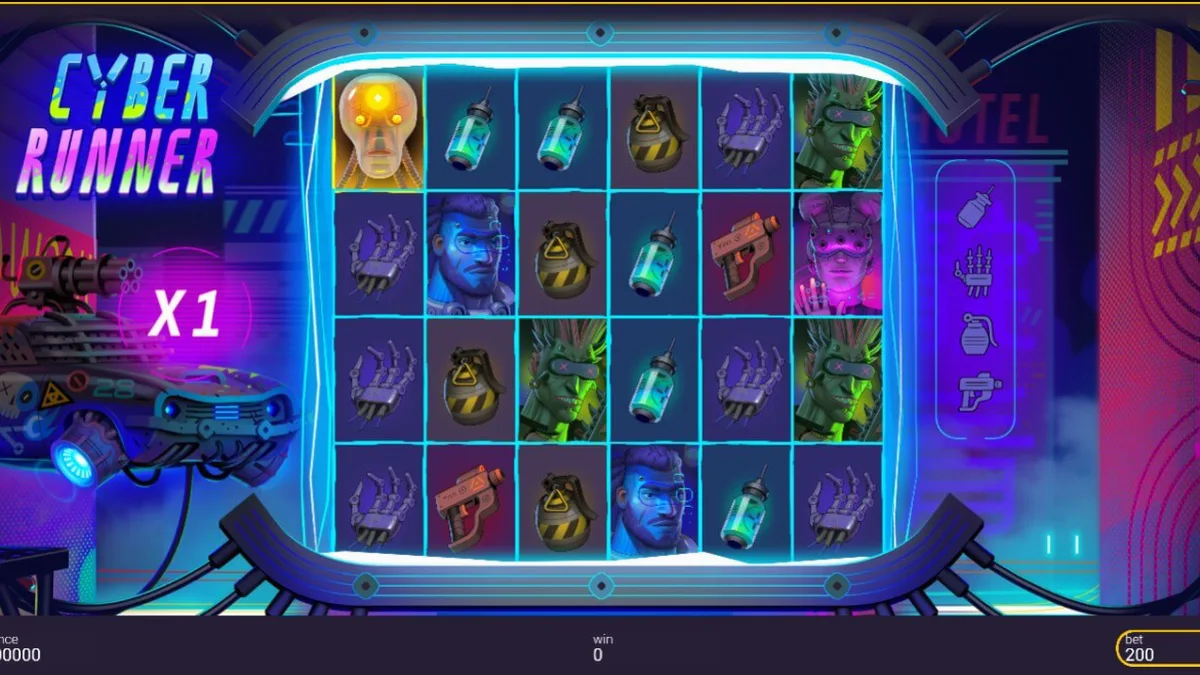 Tampilan layar permainan slot Cyber Runner dengan tema neon cyberpunk