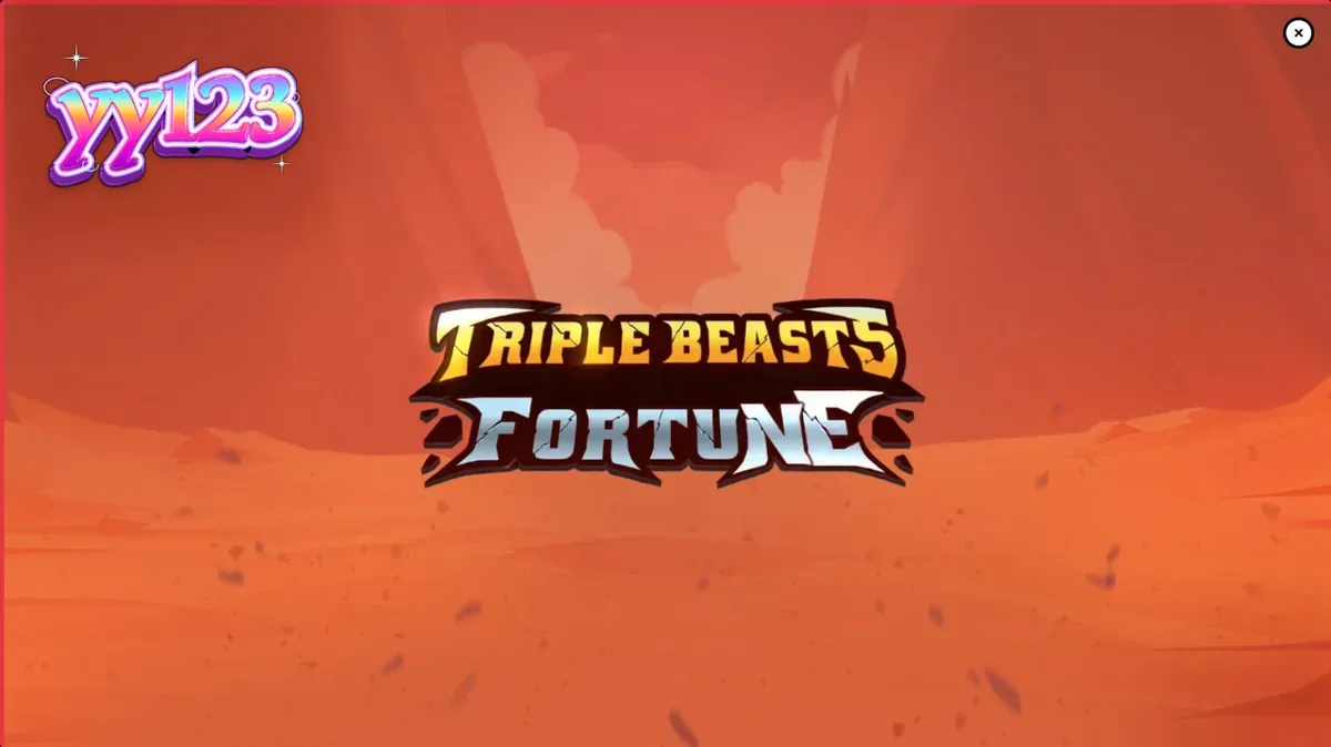 Tampilan visual slot Triple Beasts of Fortune dengan latar belakang ngarai dan simbol hewan prasejarah.